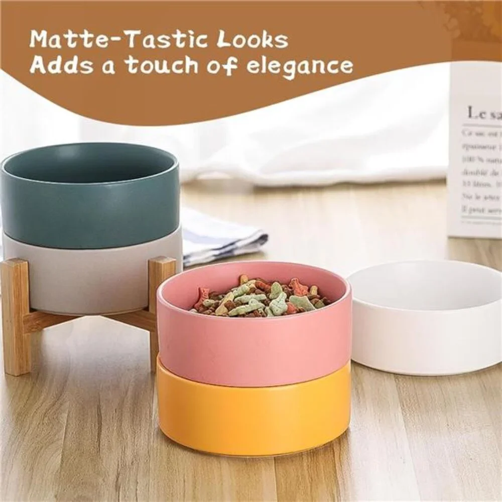 Elevated Ceramic Cat Bowl - Cat Food Bowl with Bamboo Stand - Raised Dog Dish
